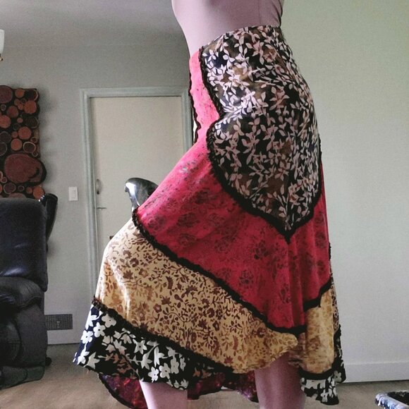 Asymmetrical Boho Batik Patchwork Midi Skirt M - Picture 1 of 10